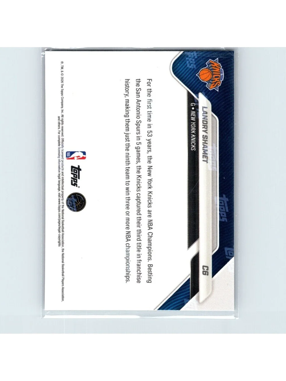 2025-26 Topps Now NBA Landry Shamet #C6 New York Knicks Champions